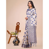 Blue linen-cotton printed saree with unstitched blouse (5.5mtr), traditional Indian attire for women