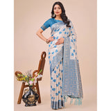 Teal linen cotton printed saree with unstitched blouse, vibrant pattern on a 5.5mtr length