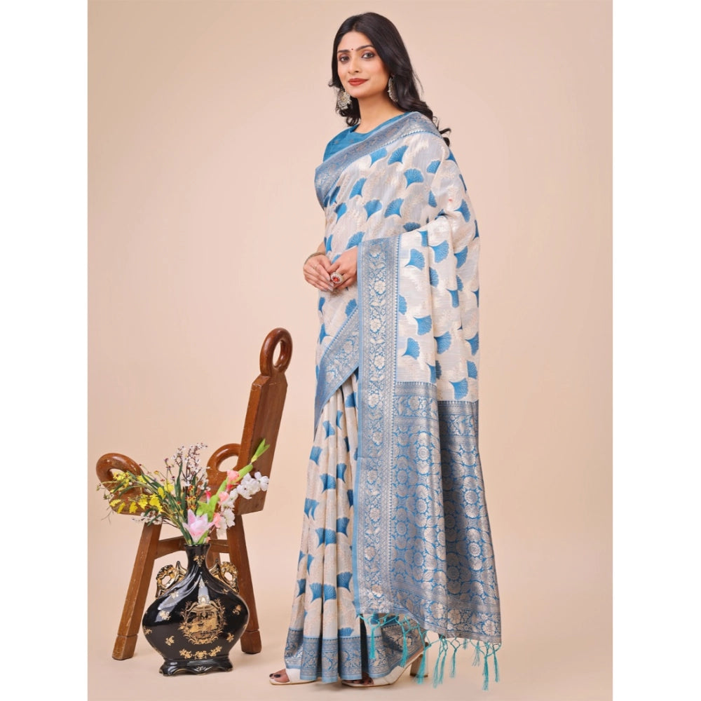 Sky blue linen cotton printed saree with unstitched blouse, 5.5mtr length