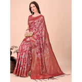 Red cotton printed saree with unstitched blouse, vibrant Indian fashion for women on mannequin