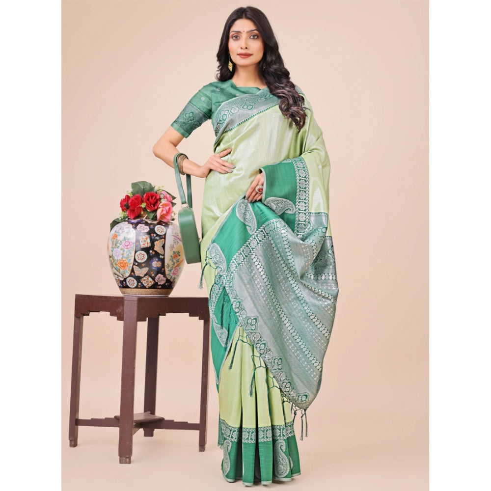Light green Lichi silk printed saree with unstitched blouse (5.5Mtr), traditional Indian wear for women