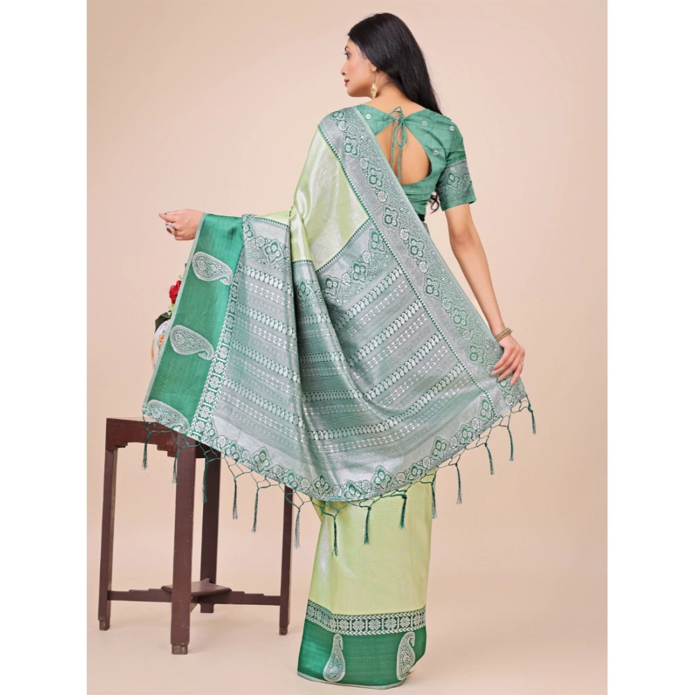 Light green lichi silk printed saree with unstitched blouse, vibrant floral design on woman model