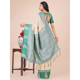 Lichi silk printed cream saree with unstitched blouse, elegant Indian women's fashion accessory on mannequin