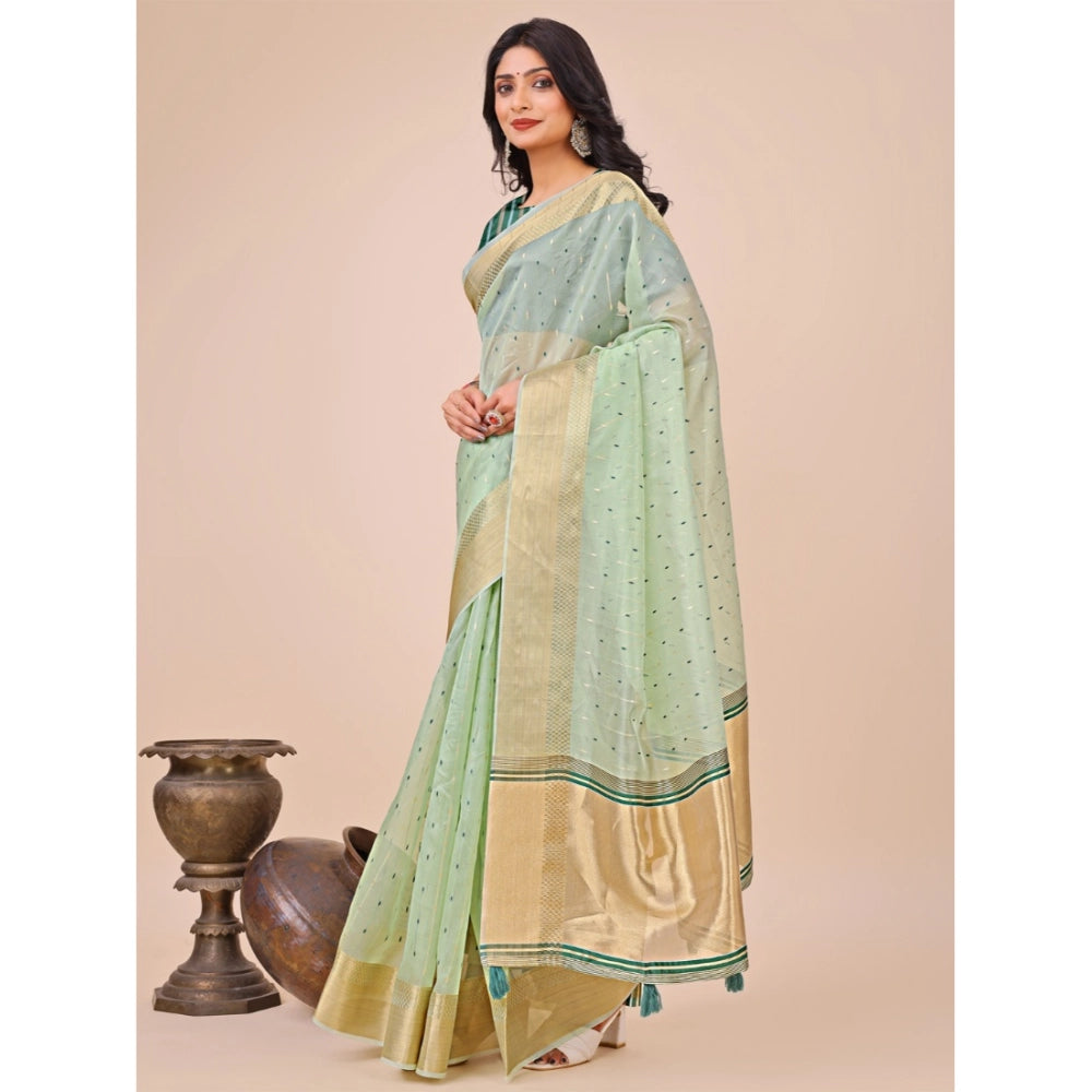 Olive green organza printed saree with unstitched blouse (5.5mtr) on model, vibrant floral design