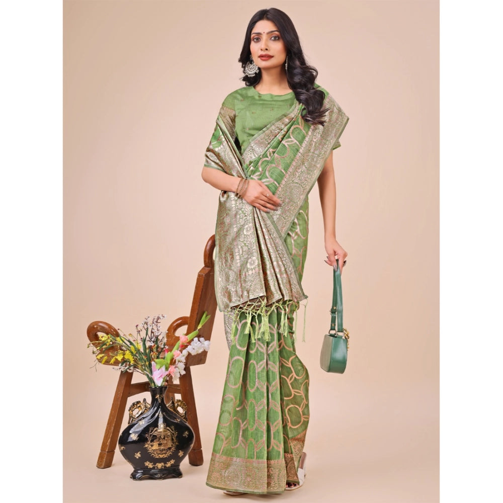 Green linen cotton printed saree with unstitched blouse, 5.5mtr