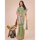 Green linen cotton printed saree with unstitched blouse, 5.5mtr