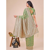 Green linen-cotton printed saree with unstitched blouse, vibrant Indian fashion accessory