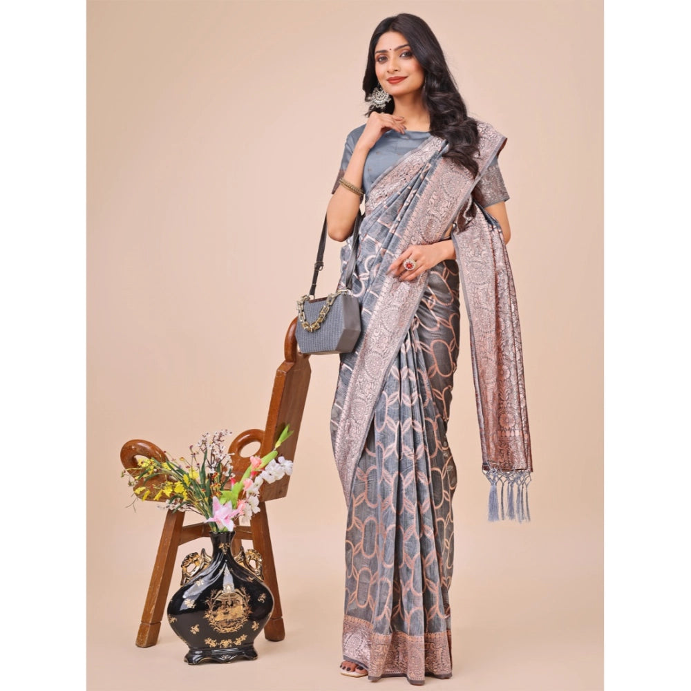 Grey linen cotton printed saree with unstitched blouse, vibrant design for traditional Indian wear