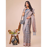 Grey linen cotton printed saree with unstitched blouse, vibrant design for traditional Indian wear