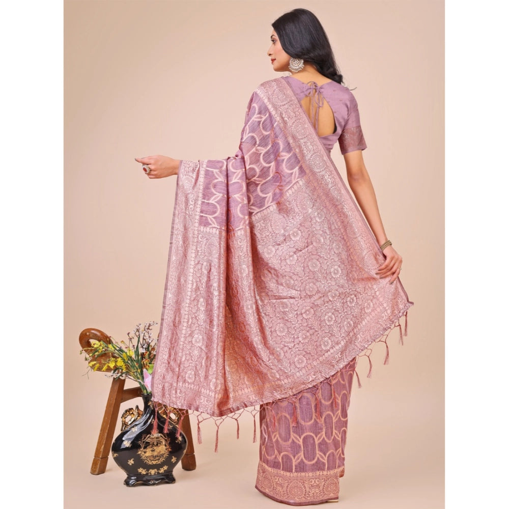Purple linen-cotton printed saree with unstitched blouse (5.5mtr) - vibrant, traditional Indian wear for women