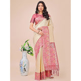 Cream lichi silk printed saree with unstitched blouse, intricate design on 5.5m length for women's traditional wear
