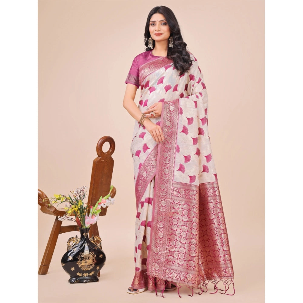 Magenta linen-cotton printed saree with unstitched blouse, vibrant Indian attire for women