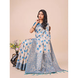 Sky blue linen cotton printed saree with unstitched blouse (5.5Mtr), vibrant Indian fashion accessory