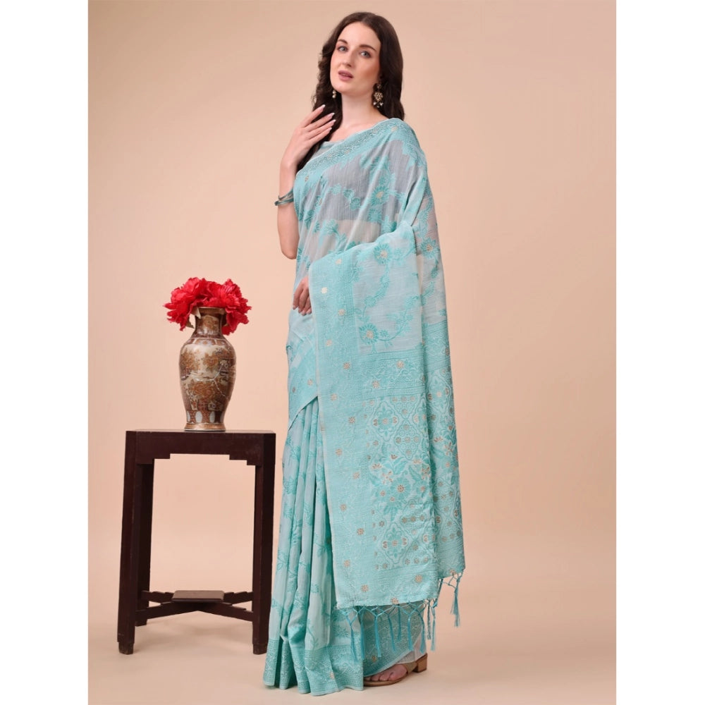 Sky blue cotton printed saree with unstitched blouse, vibrant design for women's traditional wear
