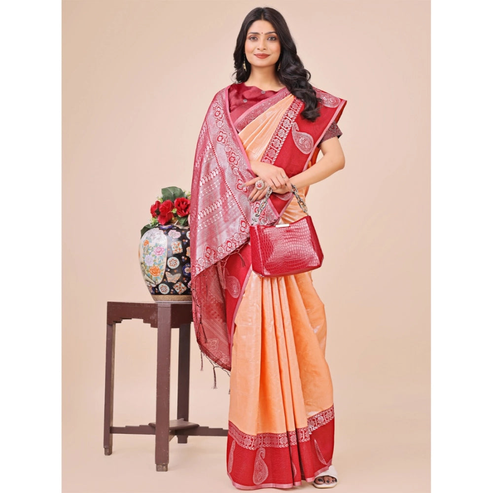 Peach lichi silk printed saree with unstitched blouse (5.5mtr) - vibrant, luxurious traditional Indian wear for women