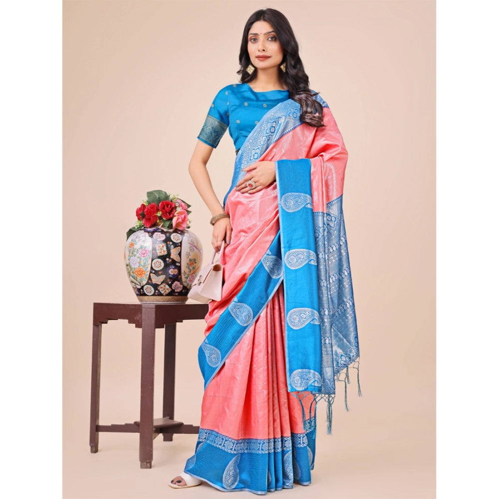 Peach lichi silk printed saree with unstitched blouse, vibrant and luxurious traditional Indian wear for women