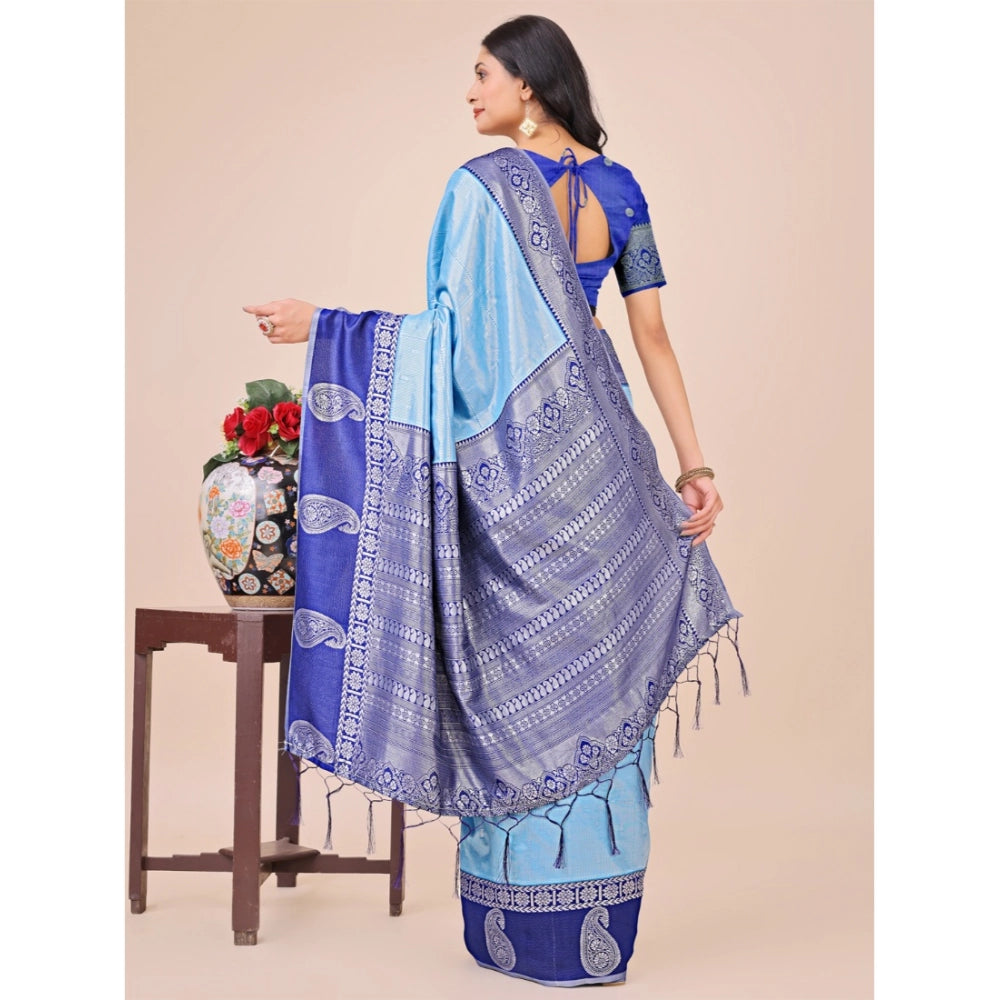 Sky blue lichi silk printed saree with unstitched blouse, vibrant Indian wear for festive occasions
