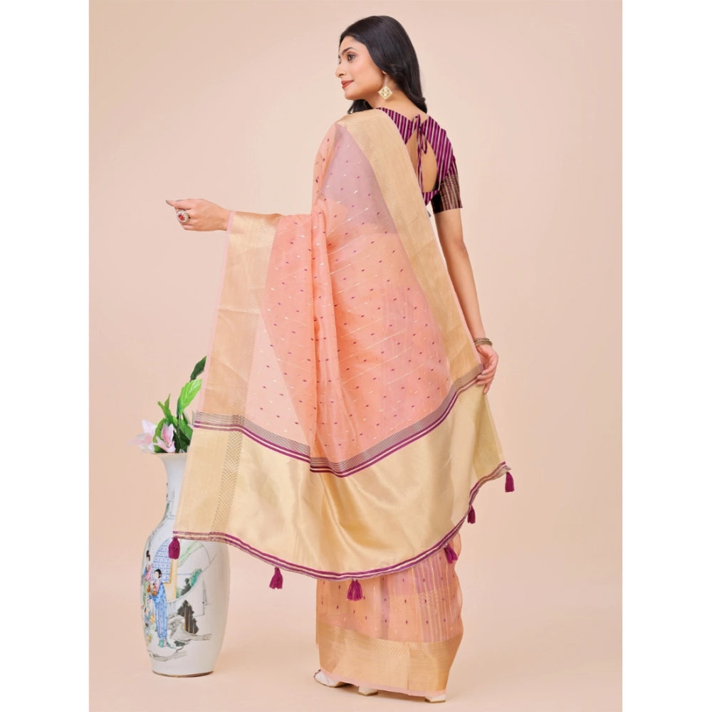 Light Pink organza printed saree with unstitched blouse (5.5mtr), vibrant floral design on display