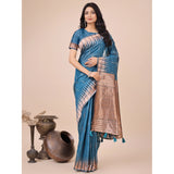 Blue linen-cotton printed saree with unstitched blouse, vibrant design on 5.5mtr fabric