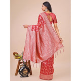 Red linen-cotton printed saree with unstitched blouse (5.5Mtr), traditional Indian women's fashion accessory