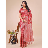Red linen cotton printed saree with unstitched blouse (5.5Mtr), vibrant design for women's traditional attire