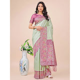 Olive green lichi silk printed saree with unstitched blouse, vibrant floral patterns for traditional Indian wear