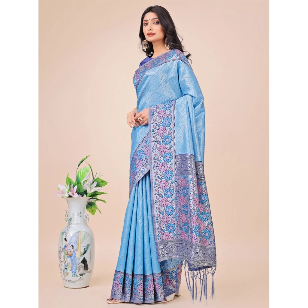 Sky blue lichi silk printed saree with unstitched blouse, vibrant design for traditional Indian wear