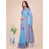 Sky blue lichi silk printed saree with unstitched blouse, vibrant design for traditional Indian wear