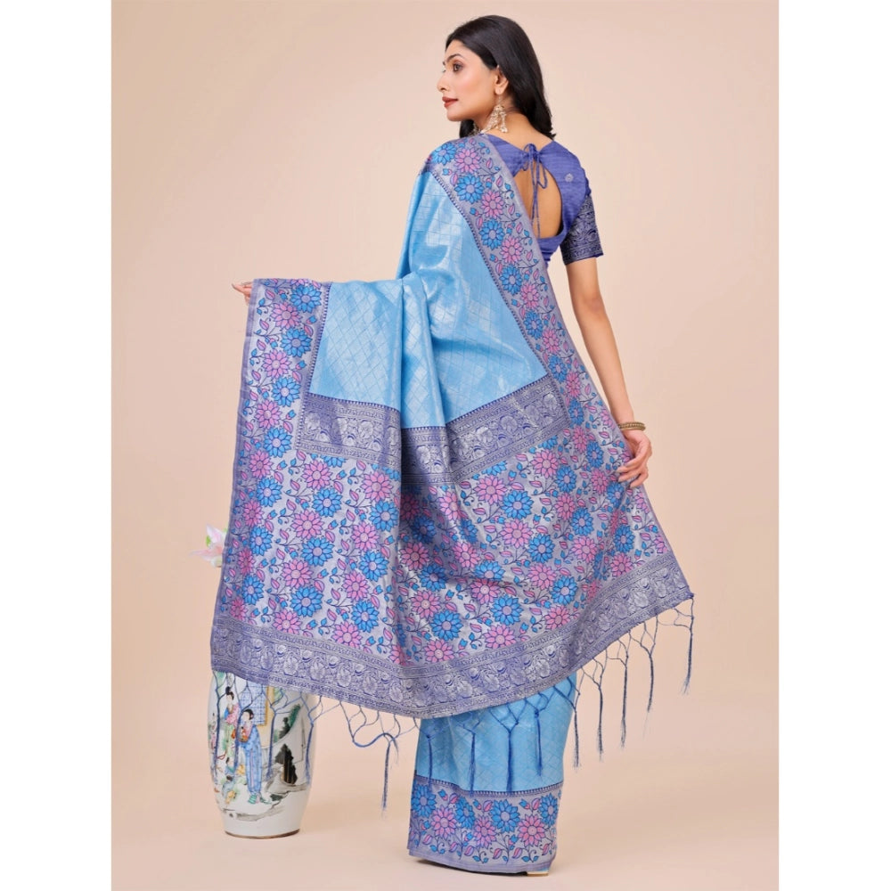 Sky blue lichi silk printed saree with unstitched blouse, vibrant design on a luxurious background