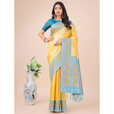 Yellow Lichi silk printed saree with unstitched blouse (5.5Mtr) on mannequin