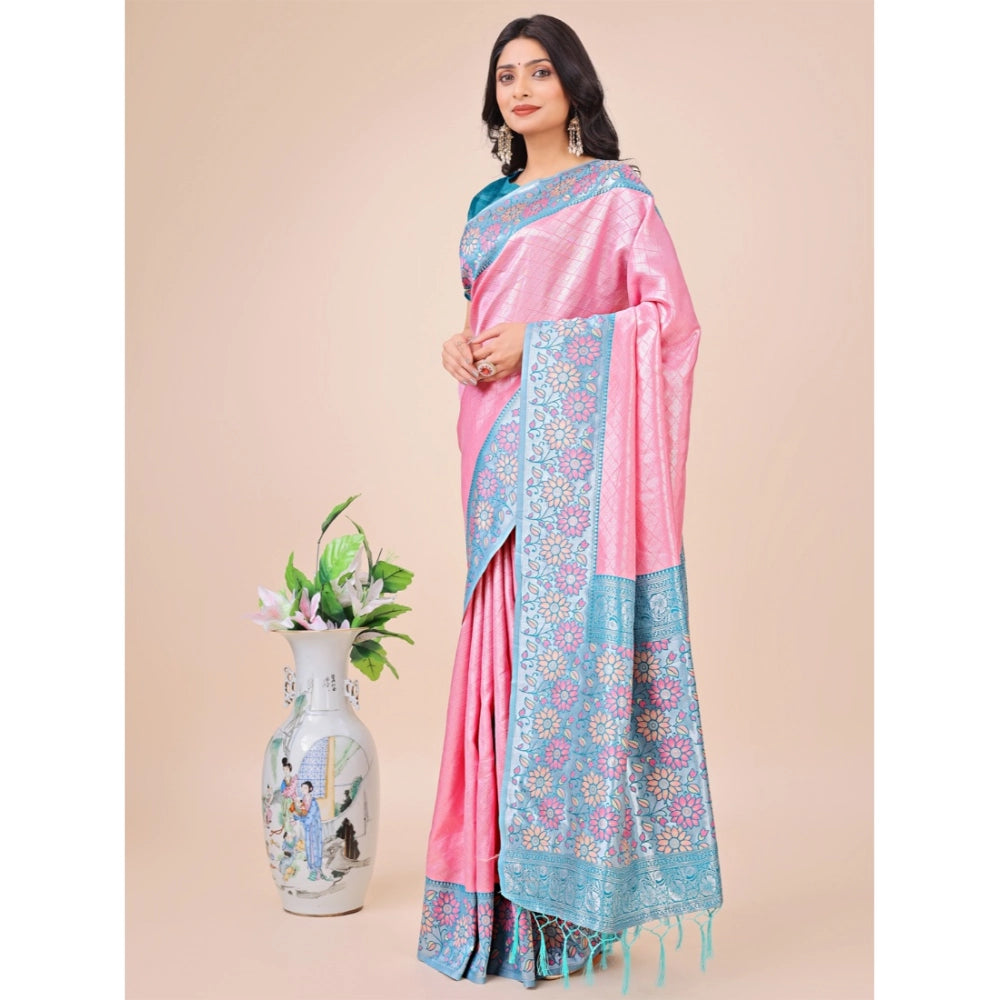 Pink lichi silk printed saree with unstitched blouse (5.5mtr), high-quality traditional Indian attire