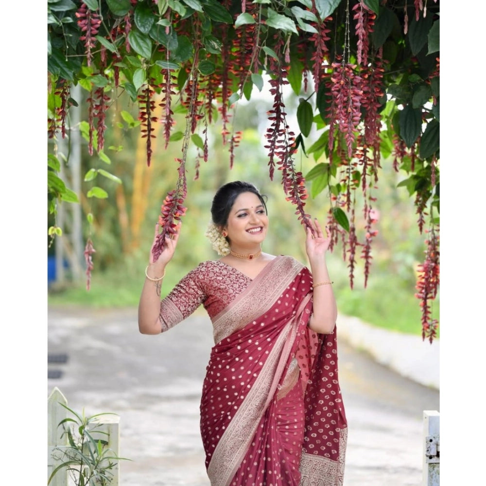 Maroon silk printed saree with unstitched blouse (5.5mtr), luxurious silk ethnic wear for women