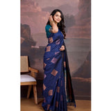 Navy blue silk printed saree with unstitched blouse (5.5Mtr) - elegant fashion accessory on mannequin