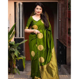 Green silk printed saree with unstitched blouse (5.5mtr), traditional Indian women's attire on display
