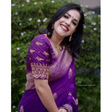 Purple silk printed saree with unstitched blouse (5.5mtr), luxury Indian traditional wear