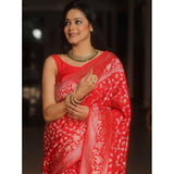 Orange silk printed saree with unstitched blouse (5.5mtr) on mannequin