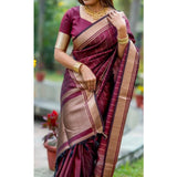 Maroon silk printed saree with unstitched blouse (5.5mtr), luxury Indian women's wear on mannequin