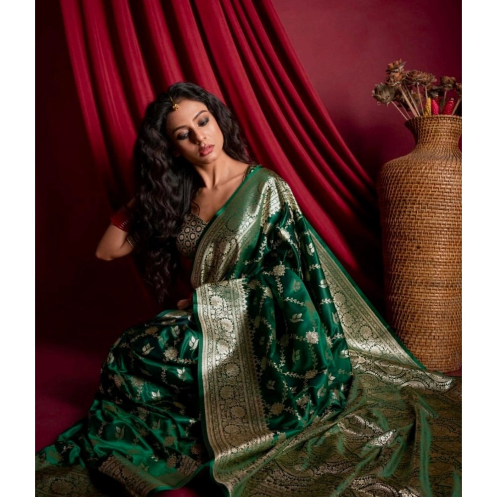 Dark green silk printed saree with unstitched blouse (5.5mtr), elegant traditional Indian wear on mannequin