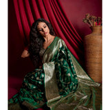 Dark green silk printed saree with unstitched blouse (5.5mtr), elegant traditional Indian wear on mannequin