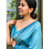 Sky blue silk printed saree with unstitched blouse, 5.5mtr on mannequin