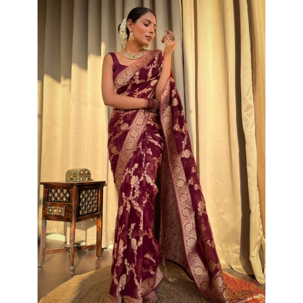 Maroon silk printed saree with unstitched blouse (5.5mtr), luxurious eastern wear for women on display