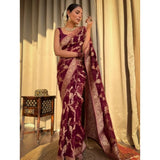 Maroon silk printed saree with unstitched blouse (5.5mtr), luxurious eastern wear for women on display