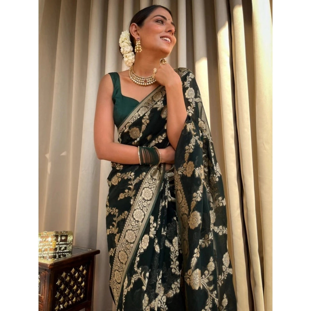 Dark green silk printed saree with unstitched blouse (5.5Mtr), high-quality traditional Indian wear