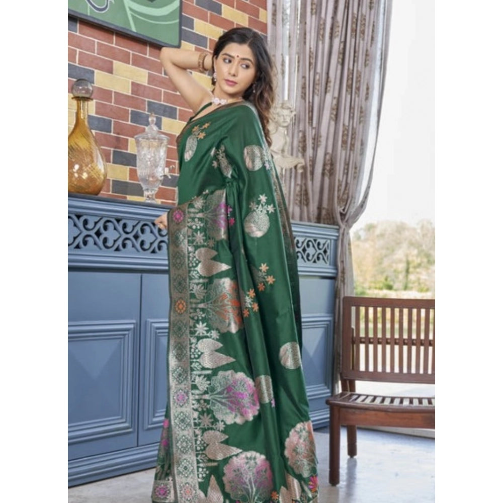 Green silk printed saree with unstitched blouse (5.5mtr), vibrant floral design on display