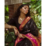 Black-Pink silk printed saree with unstitched blouse, vibrant design on a 5.5mtr length