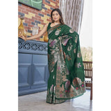 Green silk printed saree with unstitched blouse (5.5mtr) on mannequin for Indian women's fashion