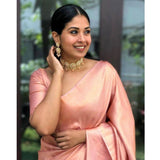 Peach silk printed saree with unstitched blouse (5.5mtr), luxury Indian women's traditional wear on mannequin