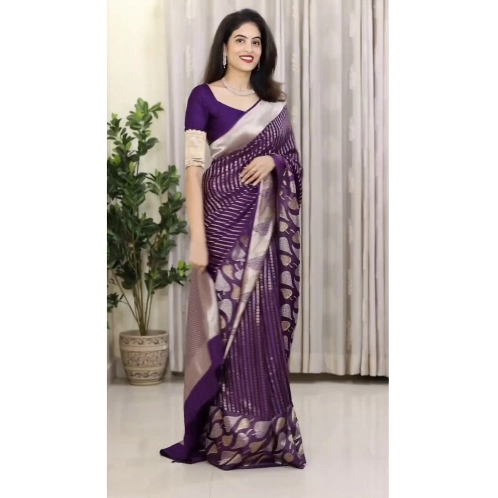 Purple silk printed saree with unstitched blouse (5.5Mtr), elegant Indian traditional wear on mannequin