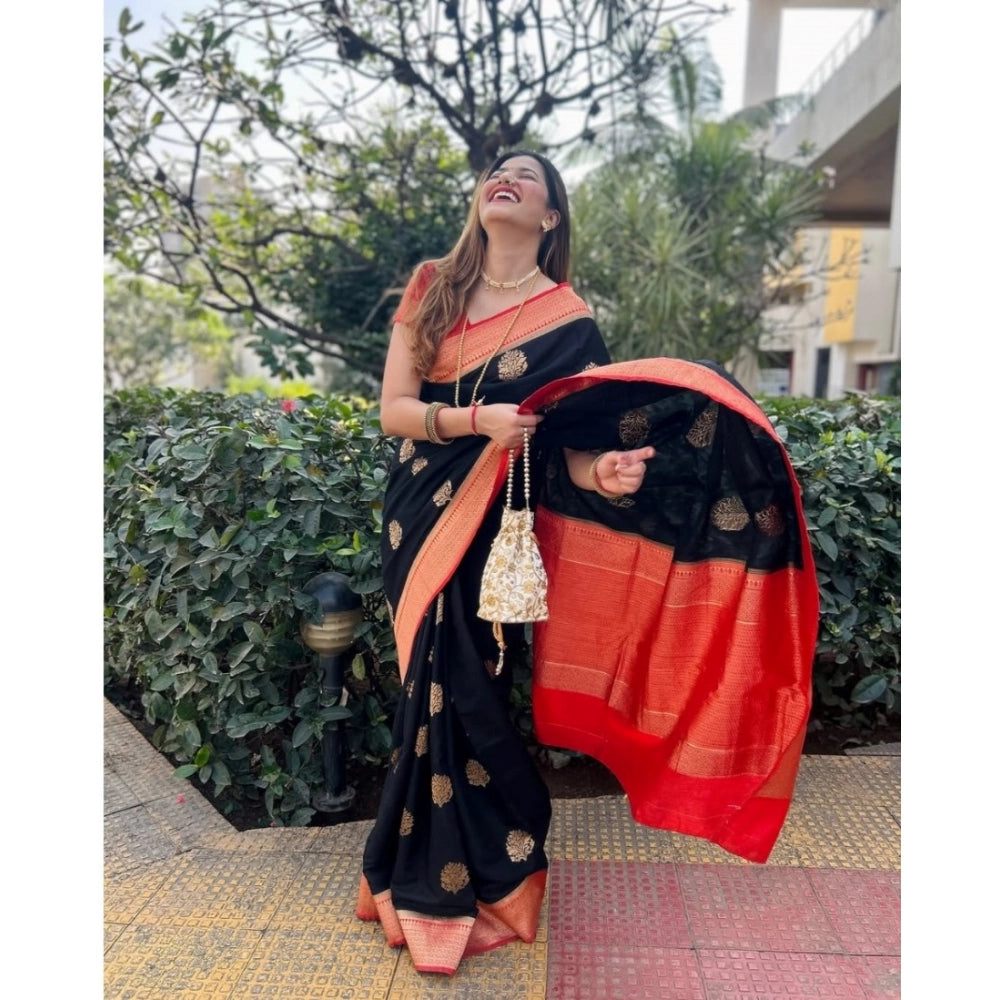 Black-Red silk printed saree with unstitched blouse (5.5Mtr)