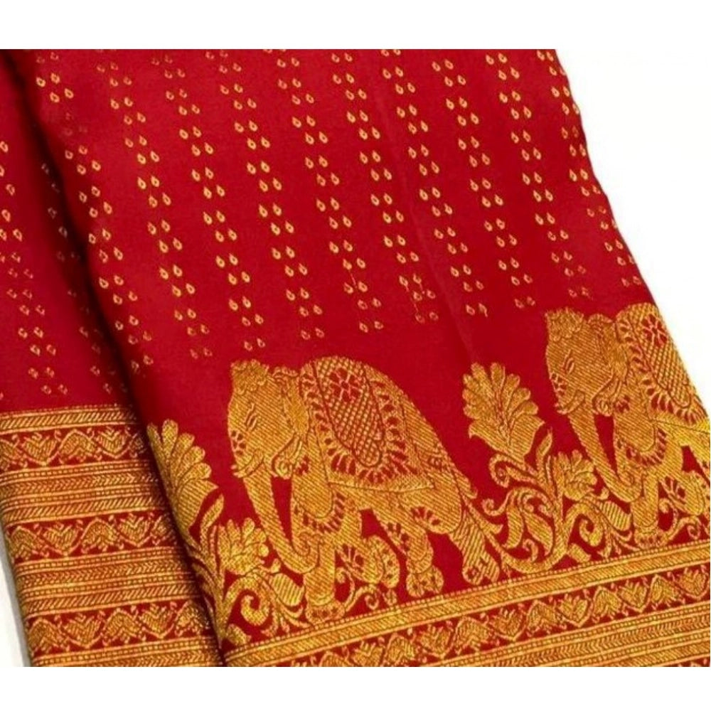 Red silk printed saree with unstitched blouse (5.5mtr)